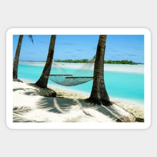 Empty hammock between two tropical palm trees in Cook Islands. Sticker